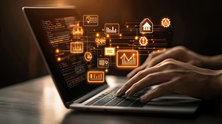 modern data analysis on laptop business intelligence, seo, marketing, programming, and financial insights concept