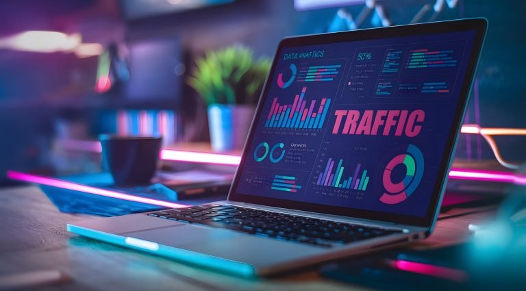 vecteezy close up of laptop screen showing colorful website traffic 50054375