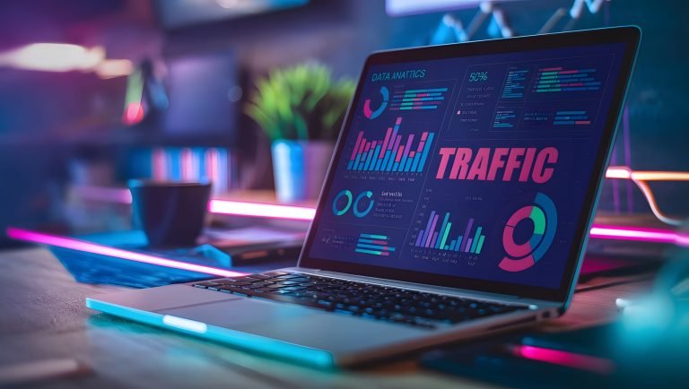 vecteezy close up of laptop screen showing colorful website traffic 50054375